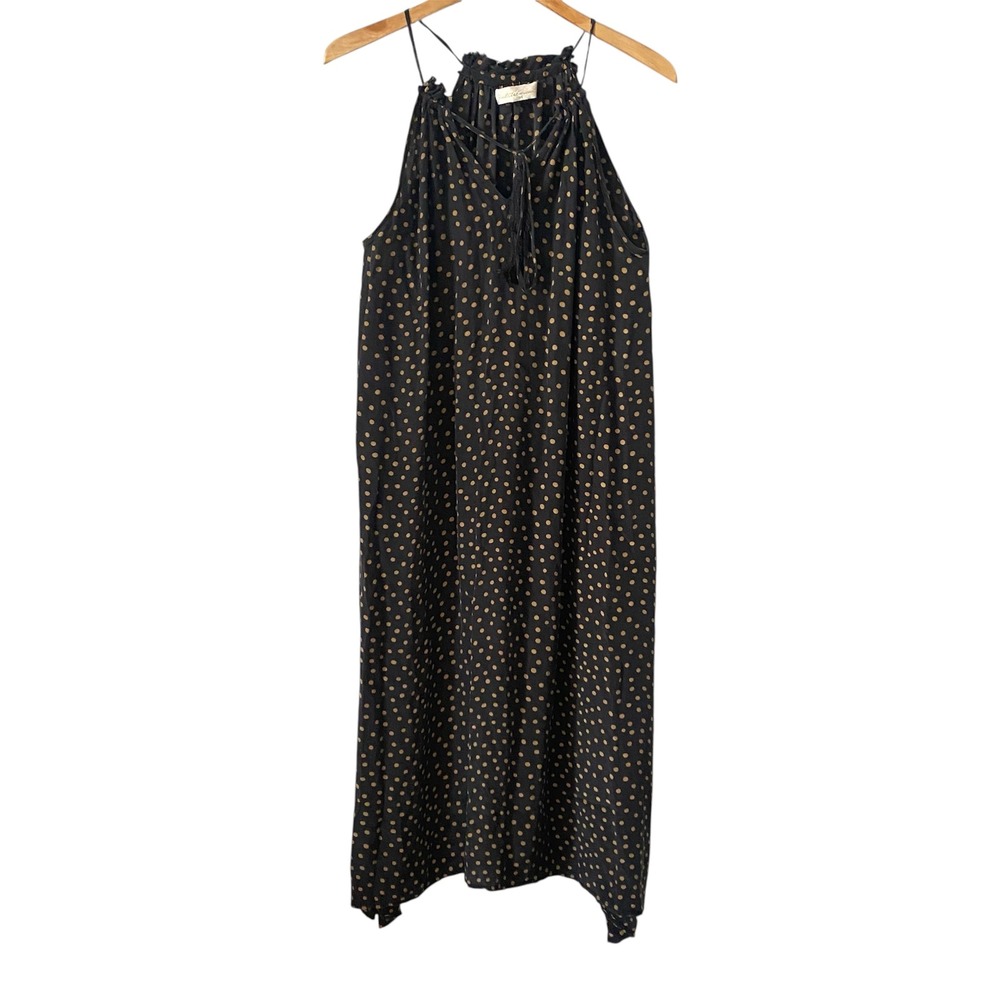 Natalie Martin Black Gold Polka Dot Silk Tassel Halter Maxi Boho Dress‎ Medium